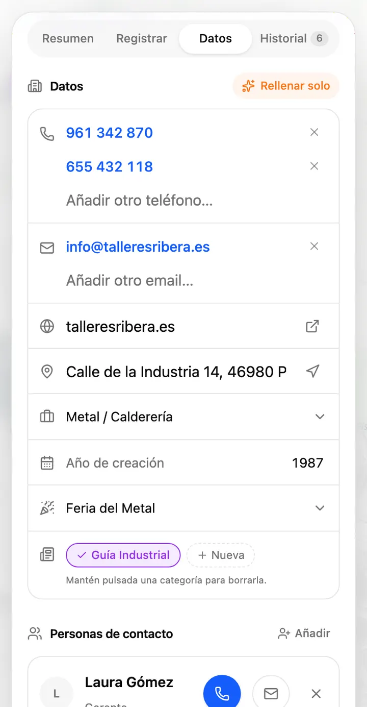 Datos de Talleres Ribera S.L. con teléfonos, email, web, dirección y sector